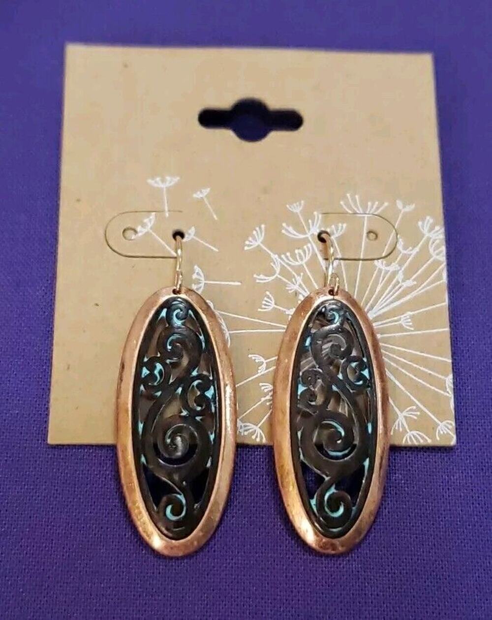 Copper Tone Metal Dangle Earrings, Oval Shape with Antiqued Bronze Scrollwork
